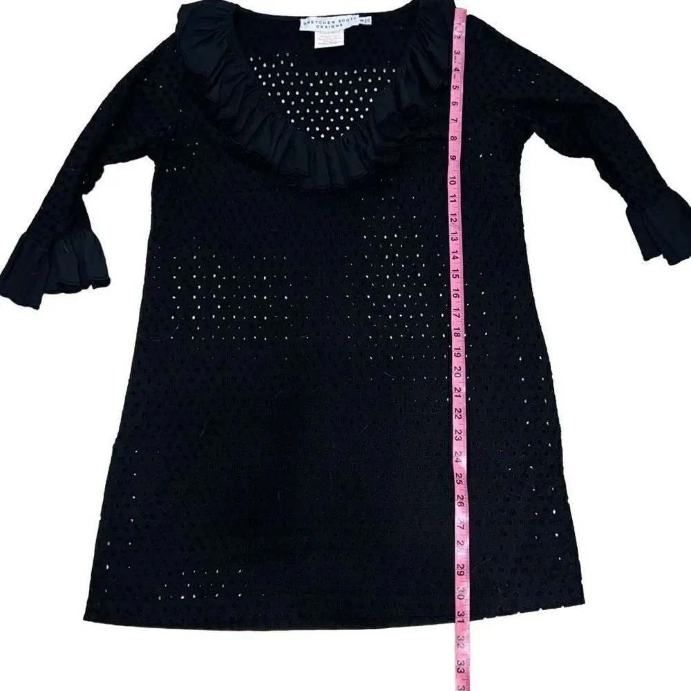 Gretchen Scott Designs Black Eyelet Tunic Swim Coverup Ruffle Neck sz S Small